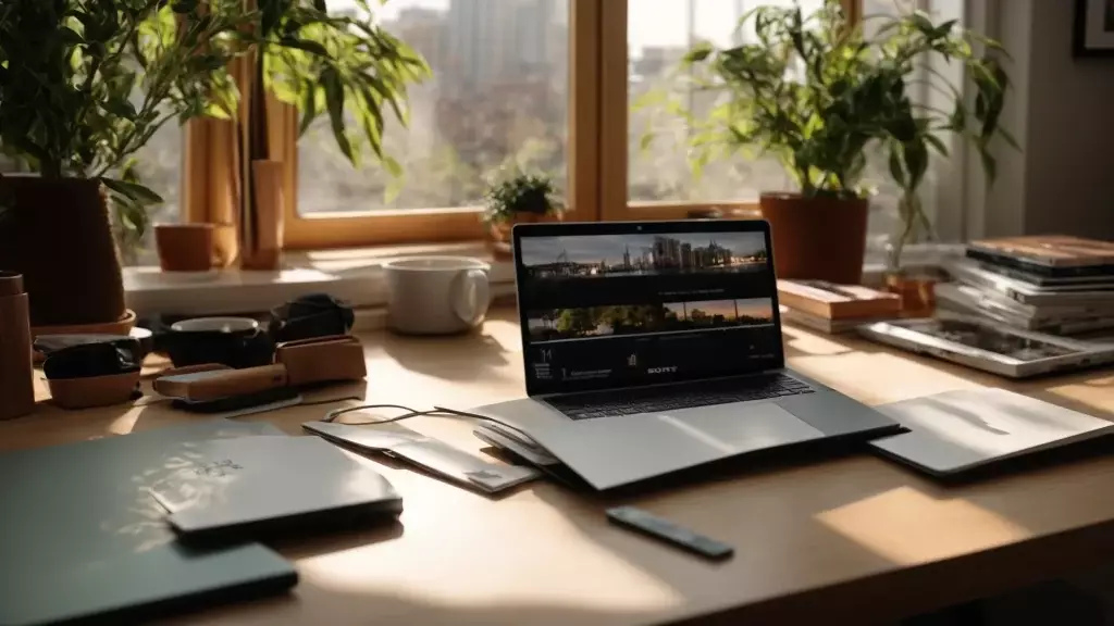 a captivating flat lay of a stylish workspace featuring a sleek laptop, an opened notebook with vibrant sketches of modern homes, and a steaming mug of coffee, all illuminated by warm, natural light streaming through a nearby window.