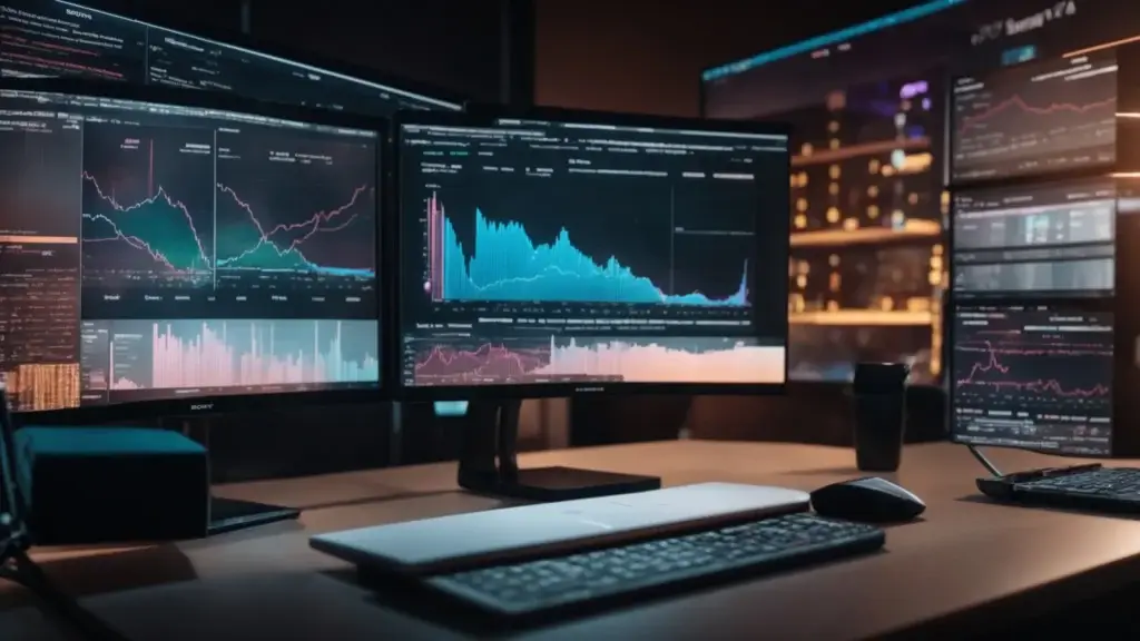 a dynamic and thought-provoking workspace showcases a large digital display analyzing keyword data, surrounded by vibrant graphs and charts, symbolizing the key concept of keyword gap analysis for seo success.
