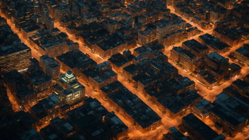 a striking overhead view of a bustling cityscape, with interconnected routes and vibrant buildings symbolizing the intricate web of internal linking strategies essential for real estate success, illuminated by golden hour light.