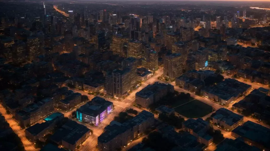 a stunning aerial view of a vibrant cityscape at dusk, showcasing well-defined real estate location pages highlighted by glowing lights, symbolizing the impactful boost in visibility through effective seo strategies.