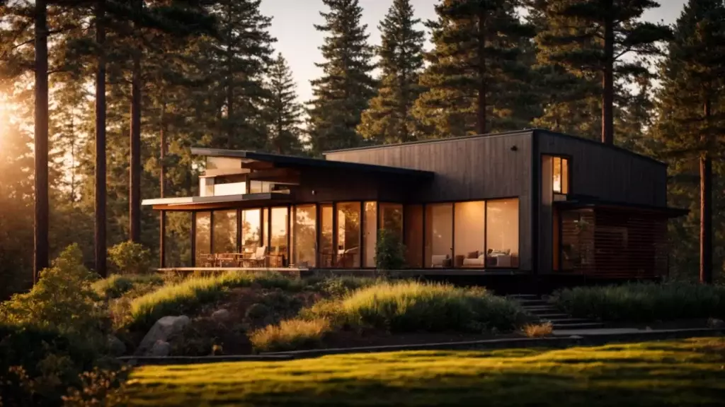 a stunning, serene landscape featuring a modern, eco-friendly house nestled amongst lush, evergreen trees, illuminated by the warm glow of a sunset, symbolizing the enduring impact of sustainable real estate.