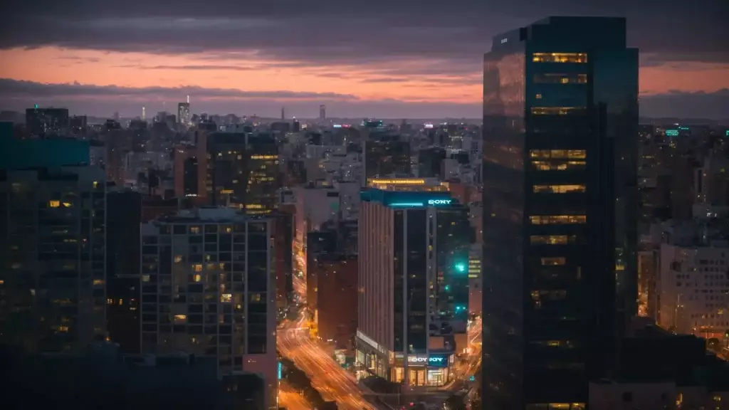 a vibrant city skyline at dusk, showcasing modern buildings with glowing windows and bustling streets, symbolizing the dynamic interplay of social signals in enhancing real estate seo.