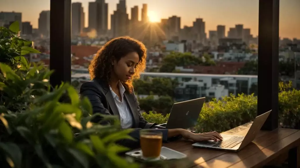 a vibrant city skyline during golden hour, featuring a person enthusiastically typing on a laptop in a cozy outdoor café, surrounded by lush greenery, symbolizing the fusion of real estate and digital engagement.