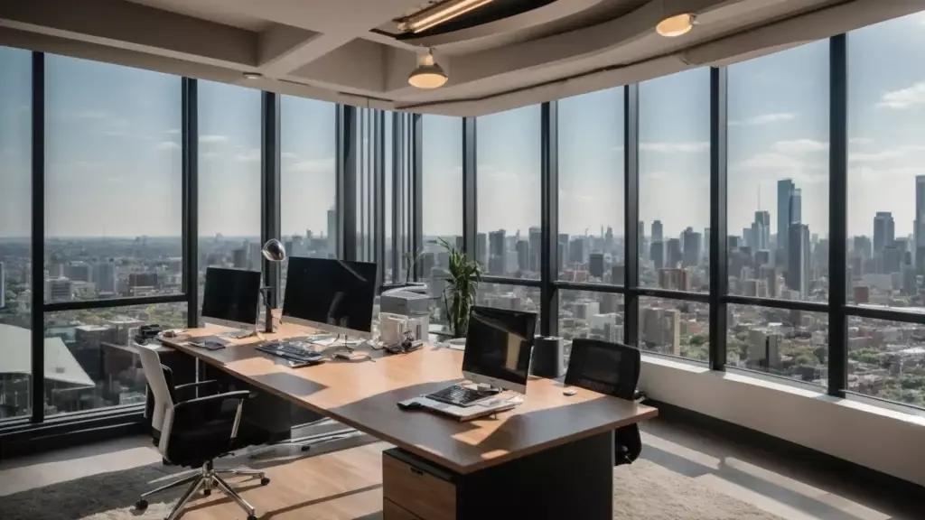 a vibrant, polished real estate office with a panoramic view of a bustling city skyline, showcasing modern technology and seo-driven marketing materials prominently displayed to signify successful property listings.