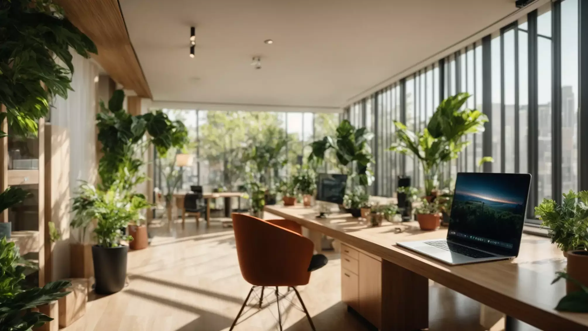 a vibrant, sunlit office space showcases a confident professional crafting engaging real estate content on a laptop, with lush greenery in the background symbolizing growth and success.