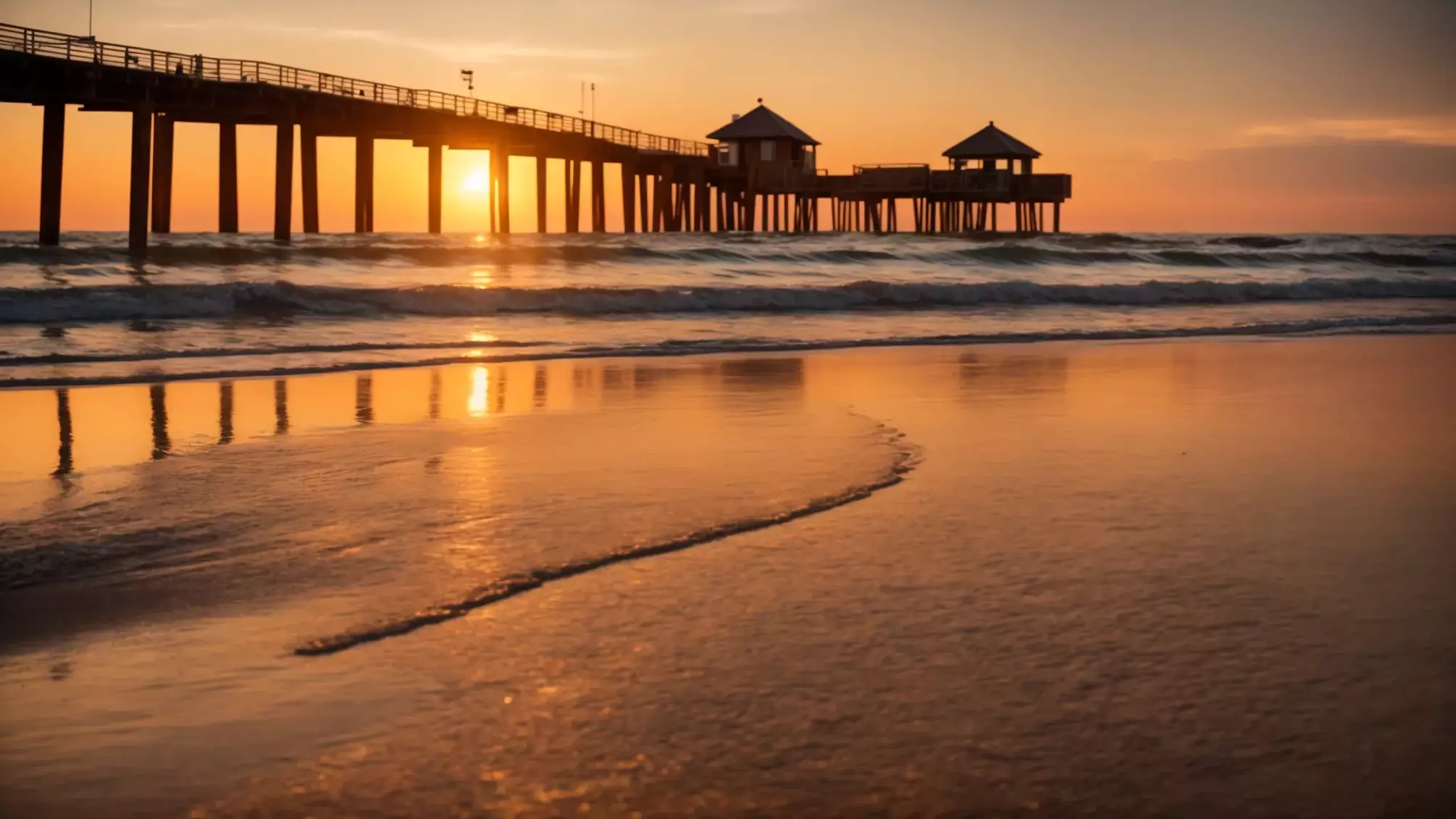 a vibrant sunset casts a warm golden glow over a tranquil beach, where gentle waves lap against the shore, creating a serene and picturesque atmosphere.