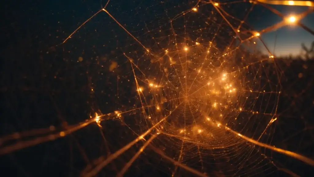 a visually striking close-up of an intricately designed web of interconnected pathways, symbolizing the essential seo internal linking best practices, illuminated by a soft, radiant glow that highlights the clarity and importance of digital connectivity.