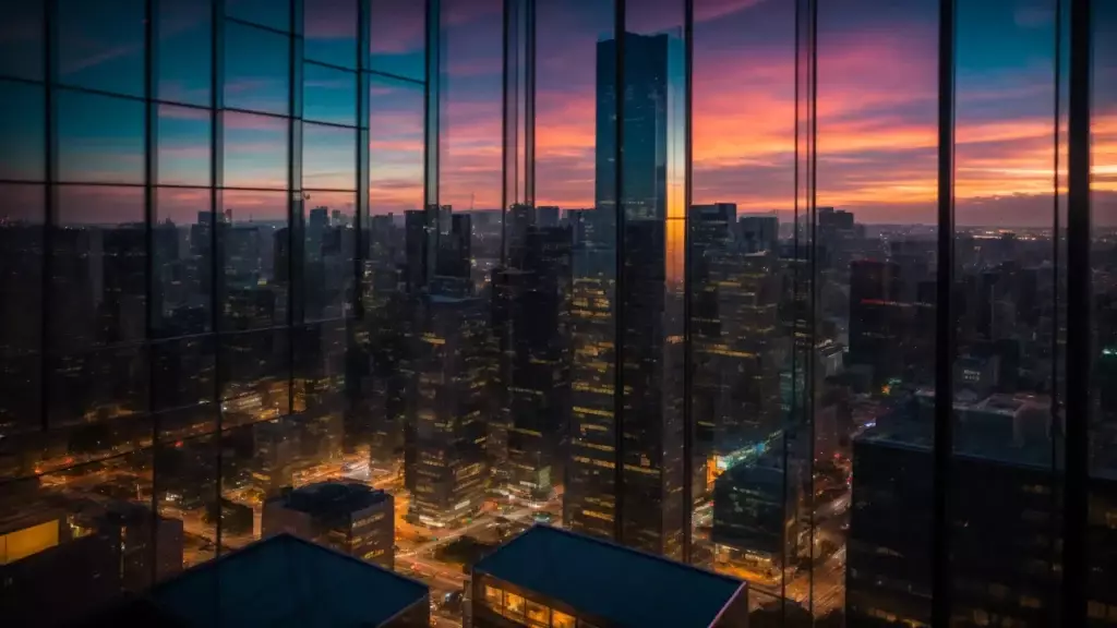 a dynamic skyline at sunset, showcasing modern real estate structures with vibrant colors reflecting off glass windows, symbolizing the prosperity and potential of mastering local seo for online success.