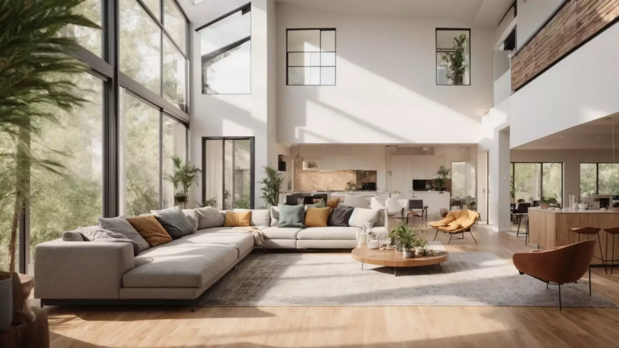 a dynamic, visually engaging scene of a diverse group of homebuyers eagerly examining vibrant house listings, surrounded by an inviting and spacious living room filled with natural light.