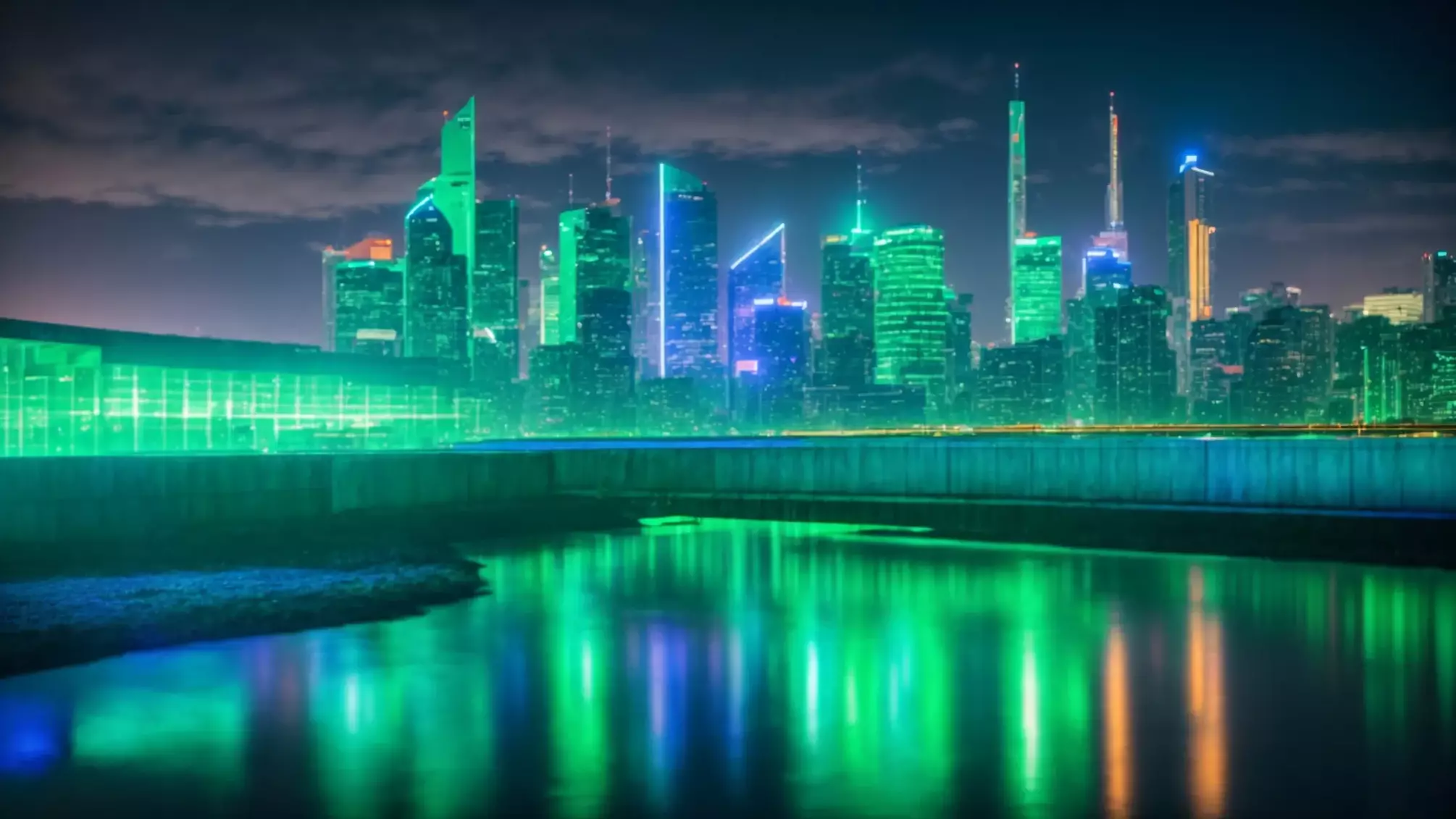 a futuristic digital landscape illuminated by vibrant blue and green lights, showcasing a towering skyline of innovative technology, symbolizes the forward-thinking strategies essential for mastering seo in a rapidly evolving online world.