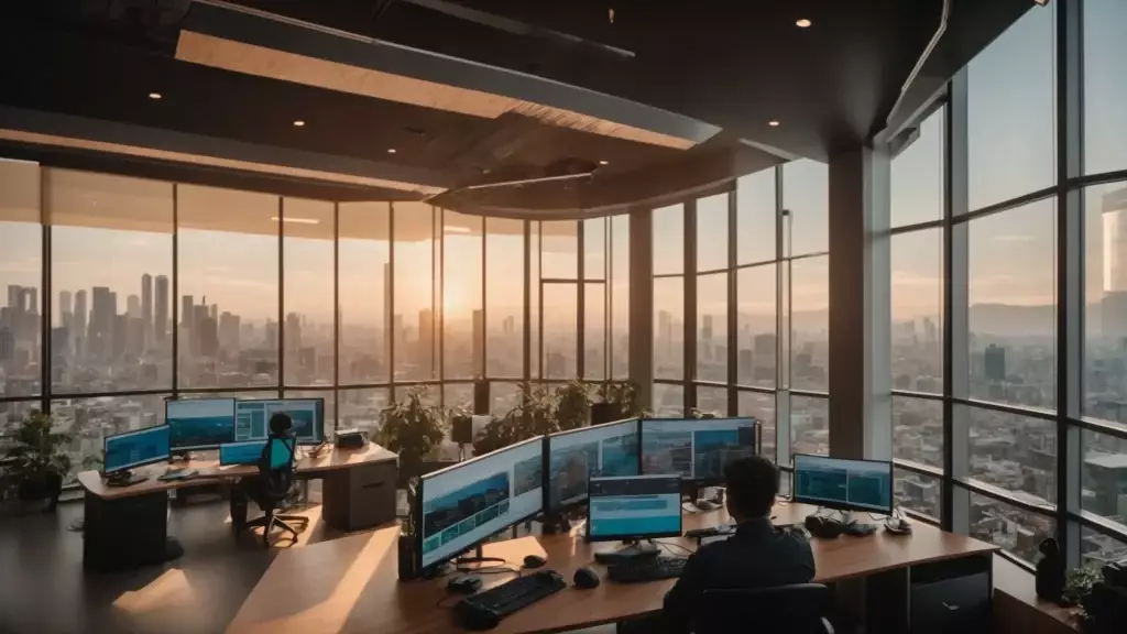 a panoramic view of a bustling real estate office, where vibrant graphs and charts depicting seo analytics adorn the walls, symbolizing the dynamic pursuit of earning backlinks for enhanced success in the property market.