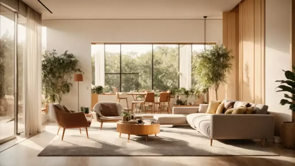 a serene living room bathed in golden morning light, featuring a family eagerly reviewing house listings on a sleek tablet, embodying the excitement and hope of the homebuyer journey.