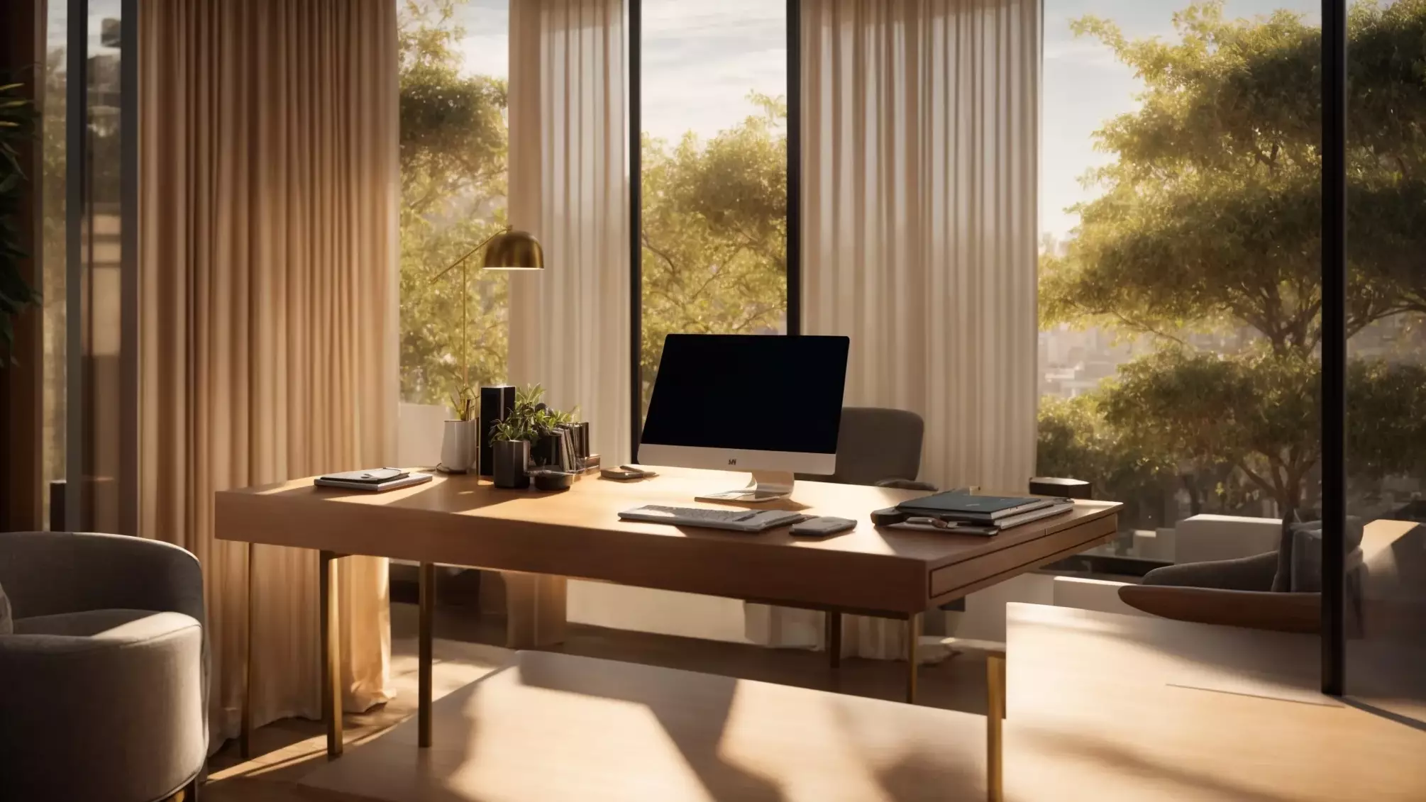 a serene office space bathed in golden afternoon light, featuring a sleek desk with a well-organized planner and a strategically placed nap pod, symbolizing the harmony between productivity and restful breaks in real estate success.