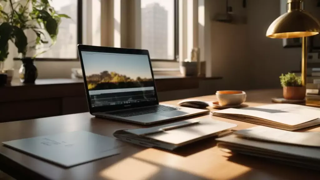 a tranquil workspace bathed in warm, golden light, featuring a well-organized desk adorned with architectural blueprints and a sleek laptop, symbolizing the mastery of nap consistency in the pursuit of real estate success.