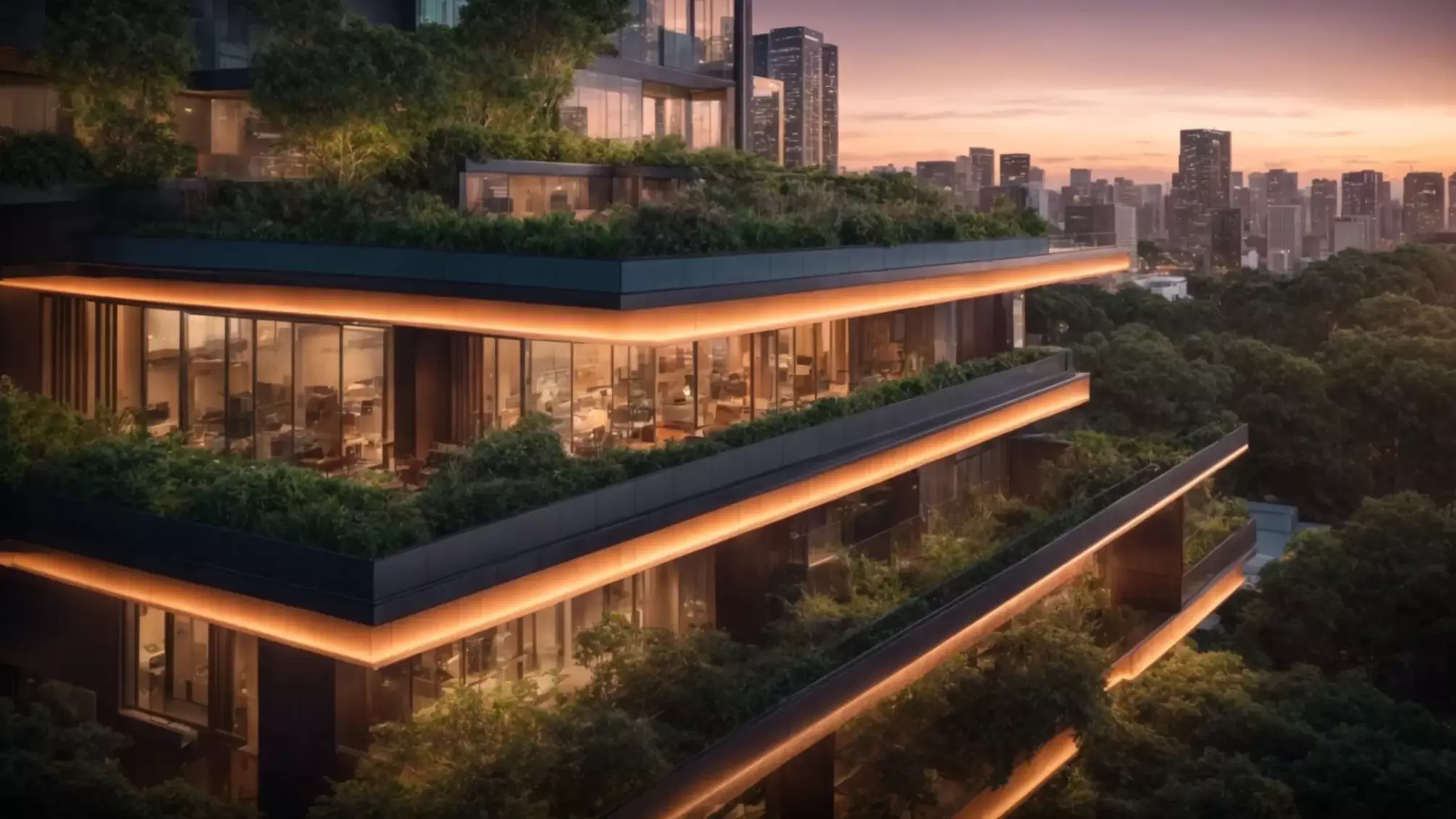 a vibrant city skyline at sunset glows with modern architecture, symbolizing growth and opportunity in real estate, with lush greenery seamlessly integrated into the urban landscape.