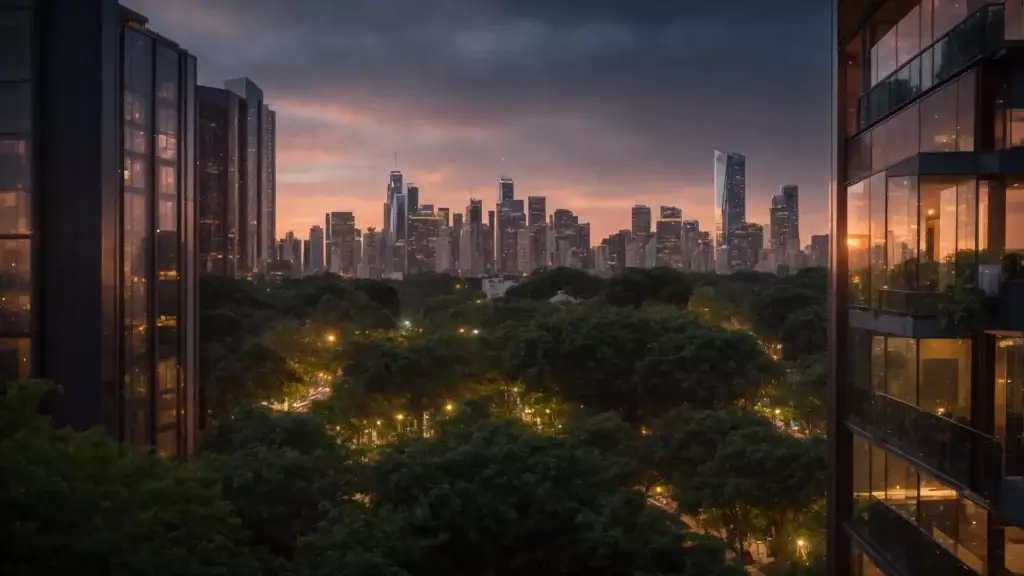 a vibrant city skyline at sunset, showcasing a modern high-rise surrounded by lush greenery, symbolizing the dynamic nature of real estate engagement and innovation.