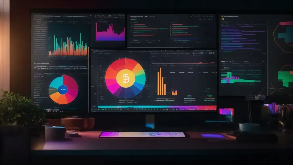 a vibrant, illuminated workspace filled with colorful charts and graphs, featuring a large computer screen displaying a detailed seo keyword analysis, capturing the essence of digital marketing mastery.