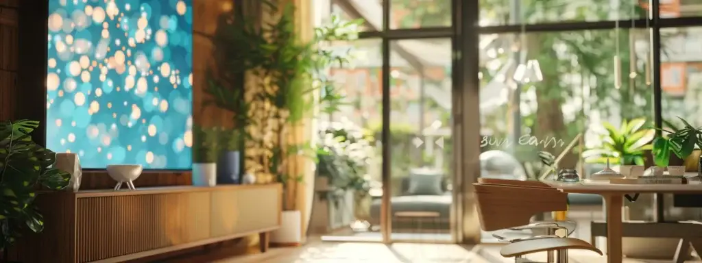 a dynamic and engaging scene of a modern real estate office with a sleek chatbot interface displayed on a digital screen, showcasing an influx of leads and vibrant interactions, illuminated by natural light streaming through large windows.