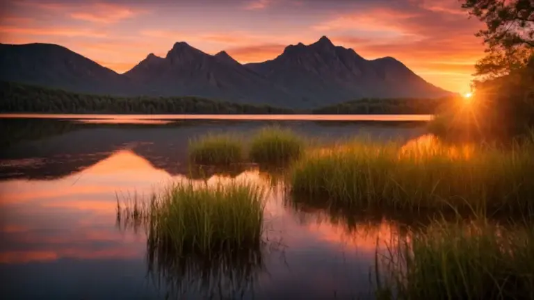 a breathtaking sunset casts a warm golden glow over a tranquil lake, reflecting vibrant hues of orange and pink in the still water, surrounded by lush green forests and distant mountains.