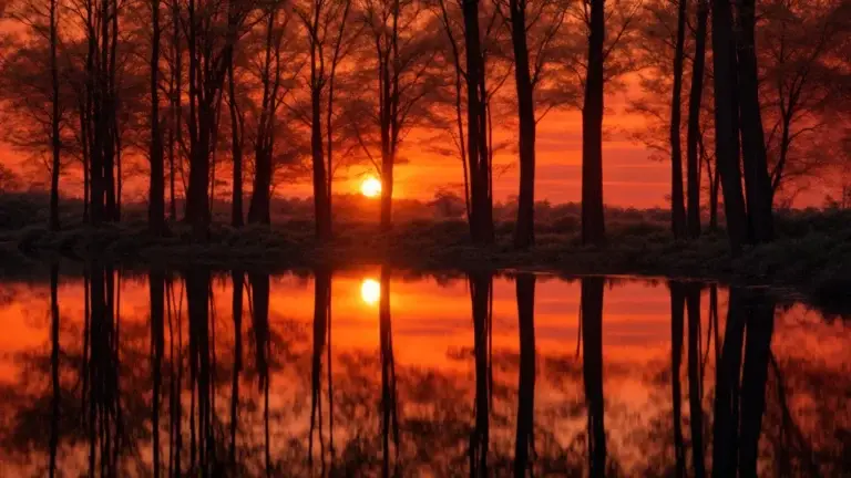 a vibrant sunset casts a warm glow over a tranquil lake, its mirrored surface perfectly reflecting the fiery colors of the sky and silhouetted trees along the shore.