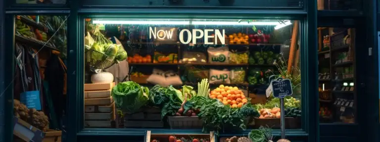 a vibrant storefront window with a bold 
