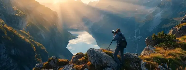 a photographer editing a stunning, high-resolution image of a mountain landscape for optimal seo optimization.