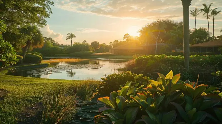 a serene sunrise over a well-maintained investment property, showcasing lush green gardens and a tranquil pond, symbolizing the fruitful rewards of strategic tax navigation.